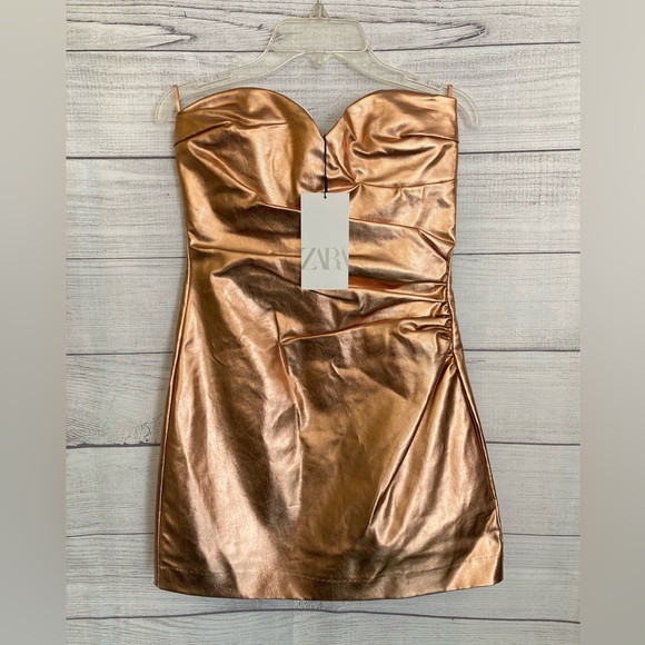 ZARA | NWT Women’s Strapless Bronze Metallic Mini Dress - Picture 3 of 8